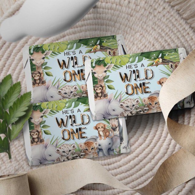 Safari Themed Wild One Baby boy 1st birthday Hershey's Miniatures (Hes a Wild One, Jungle animals themed 1st birthday chocolate favors.)