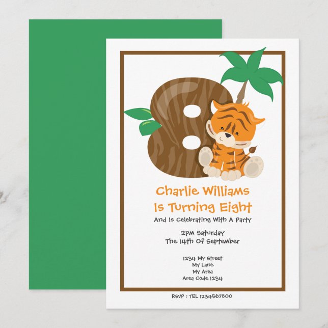 Safari Tiger Eighth Birthday Party Invitation (Front/Back)