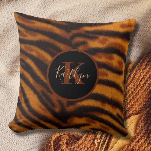 Safari Tiger Print Monogram Personalized Throw Pillow