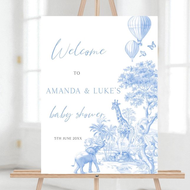 Safari Toile De Jouy Baby Shower Welcome Sign Blue (Creator Uploaded)
