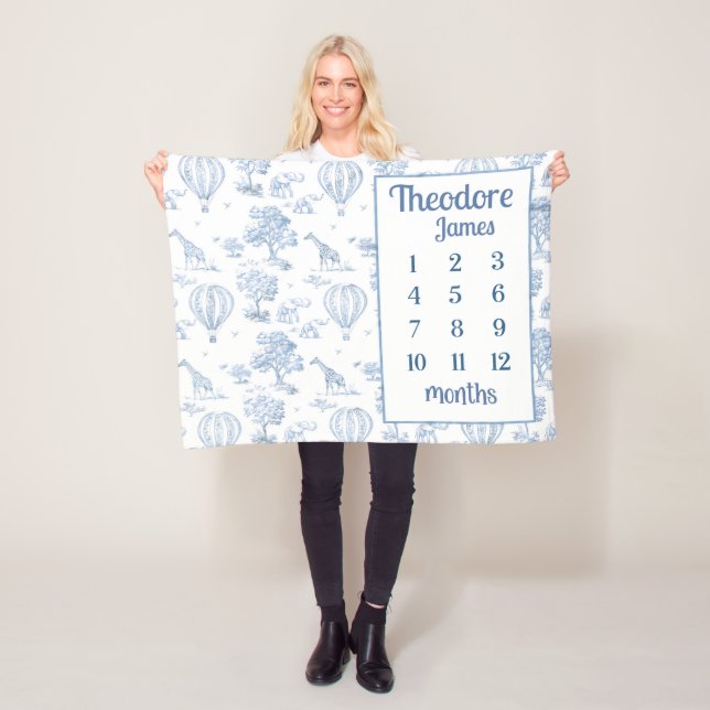 SAFARI TOILE MILESTONE Blanket, Baby Boy Blue Toil (In Situ)