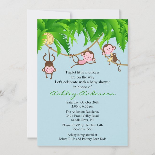 Safari Triplet Monkeys Baby Shower Invitation (Front)