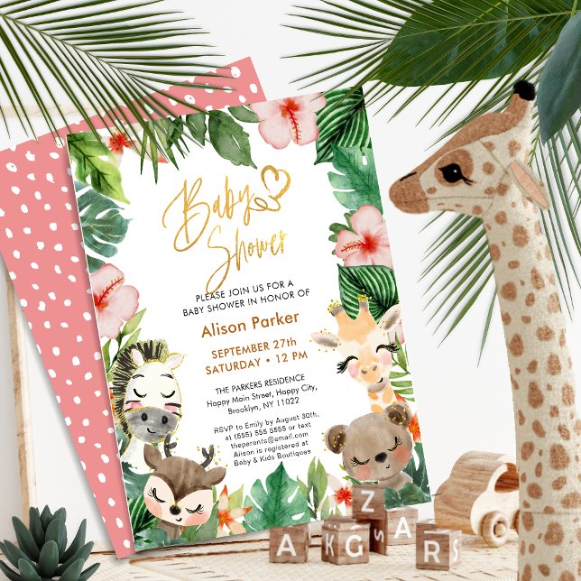 Safari Tropical Greenery Gold Script Baby Shower Invitation (Creator Uploaded)