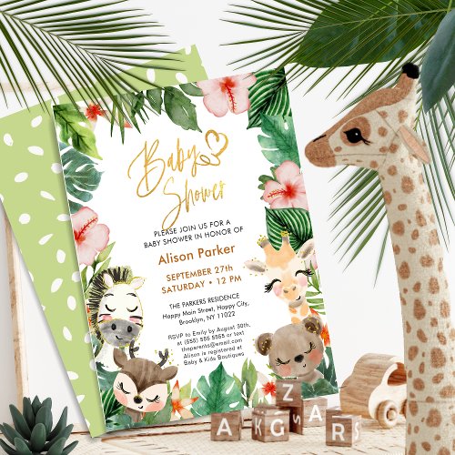 Safari Tropical Greenery Gold Script Baby Shower Invitation