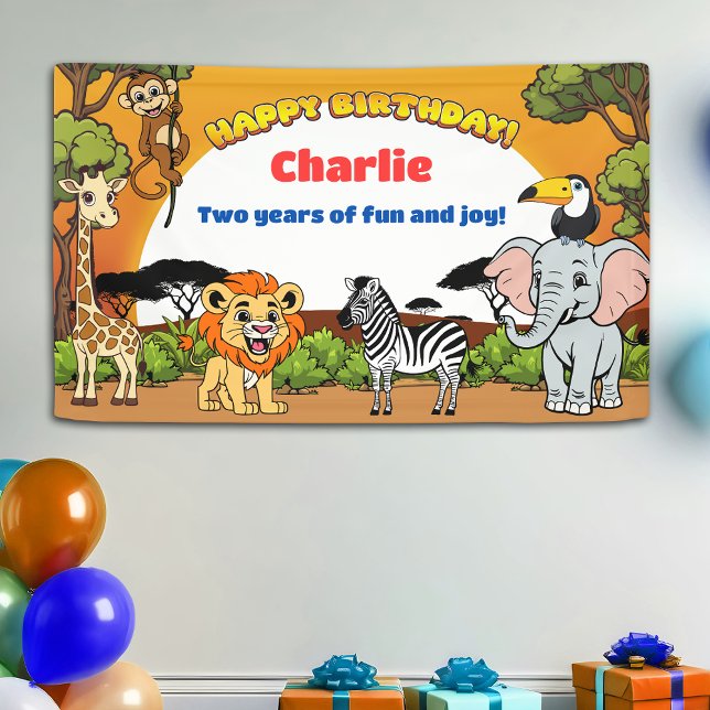 Safari Tropical Jungle Animals Cartoon Birthday Banner (Creator Uploaded)