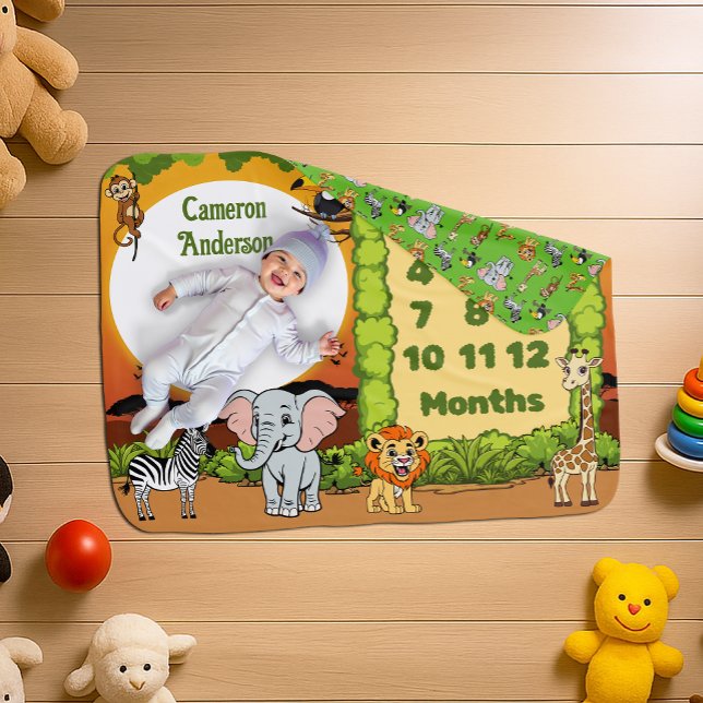 Safari Tropical Jungle Animals Cartoon Milestone Baby Blanket (Creator Uploaded)