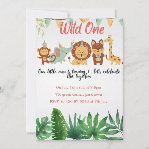 safari tropical watercolor wildone birthday  invitation