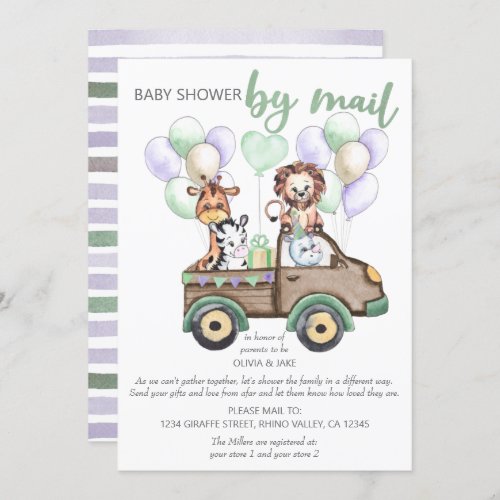 Safari Truck and Cute Animals Baby Shower by Mail Invitation