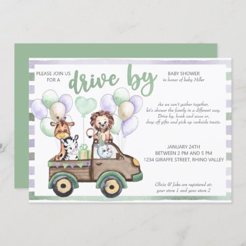 Safari Truck and Cute Animals Drive By Baby Shower Invitation