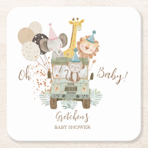 Safari Truck Jungle Animals Boho Baby Shower Square Paper Coaster