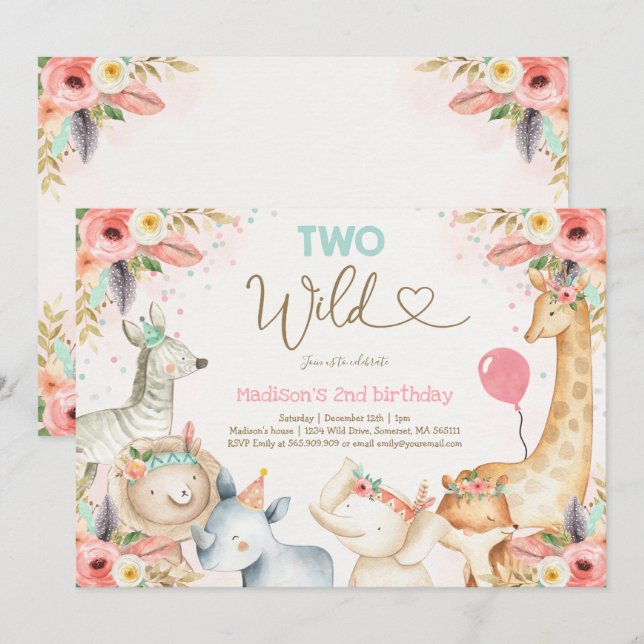 Safari Two Wild Birthday Invitation Boho Two Wild (Front/Back)