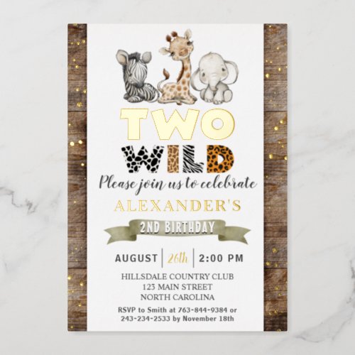 Safari Two Wild Birthday Party Real Gold Foil Invitation