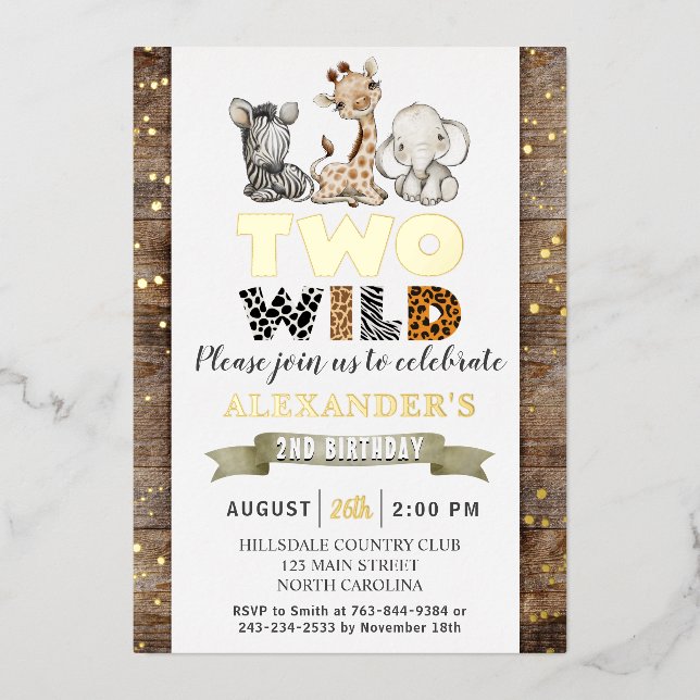Safari Two Wild Birthday Party Real Gold Foil Invitation (Front)