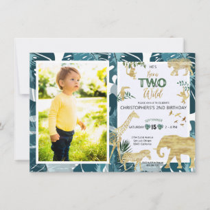 Safari Two Wild Birthday Photo Greenery & Gold Invitation