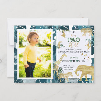 Safari Two Wild Birthday Photo Greenery & Gold Invitation