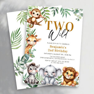 Safari Two Wild Jungle Animals Boy 2nd Birthday Invitation