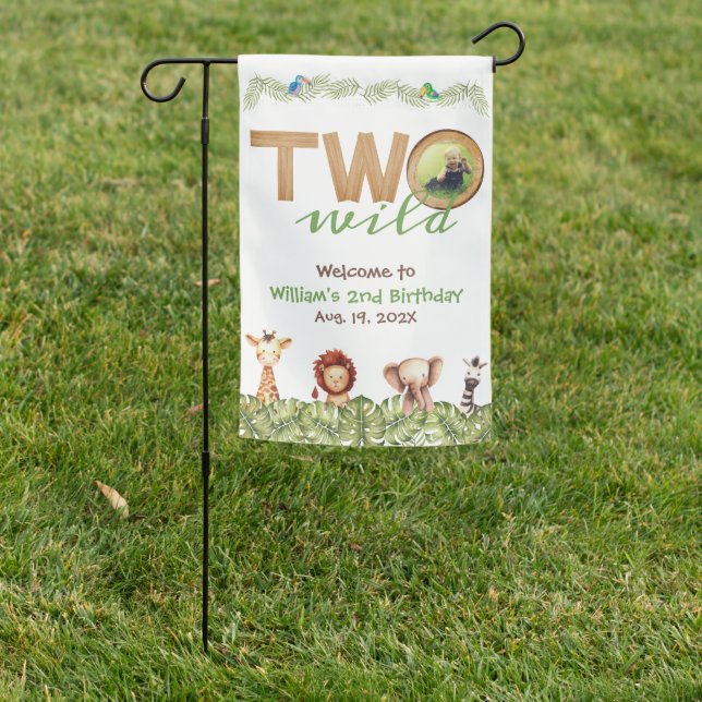 Safari Two Wild Welcome  Photo 2nd Birthday Wood Garden Flag (In SItu)