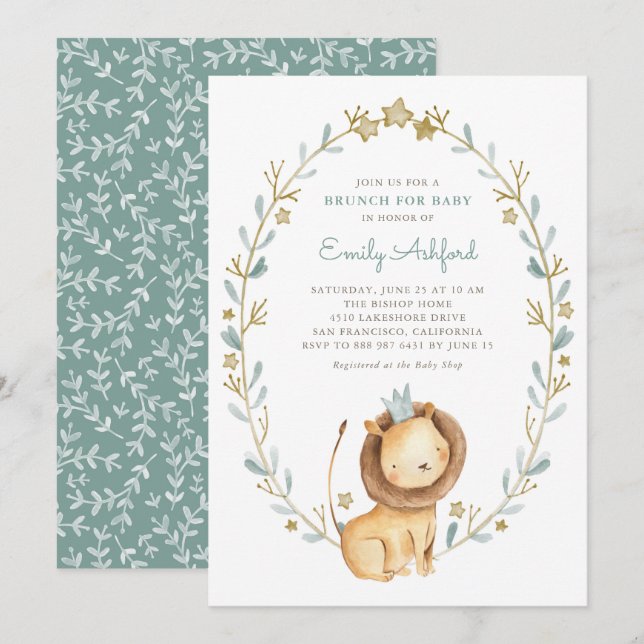 Safari Watercolor Lion Prince Baby Shower Brunch Invitation (Front/Back)