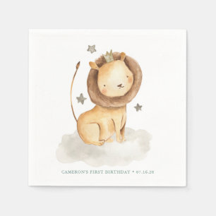 Safari Watercolor Lion Prince Kids Birthday Napkins