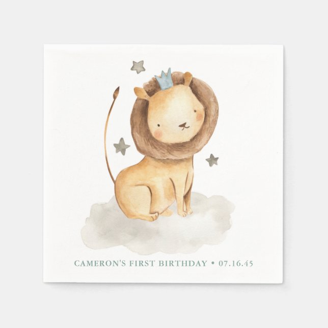 Safari Watercolor Lion Prince Kids Birthday Napkins (Front)