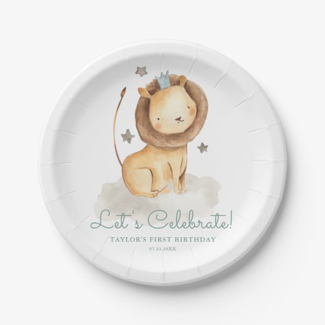 Safari Watercolor Lion Prince Kids Birthday Paper Plates (Front)