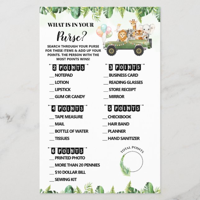 Safari What is in your Purse Baby Shower Game Card Flyer (Front)