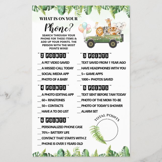 Safari What is on your Phone Baby Shower Game card Flyer (Front)