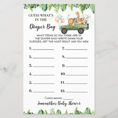 Safari Whats in the Diaper Bag Shower Game card Flyer