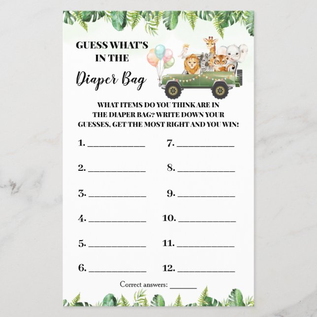 Safari What's in the Diaper Bag Shower Game card Flyer (Front)
