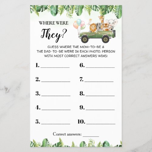 Safari Where were They Baby Shower Game Card Flyer