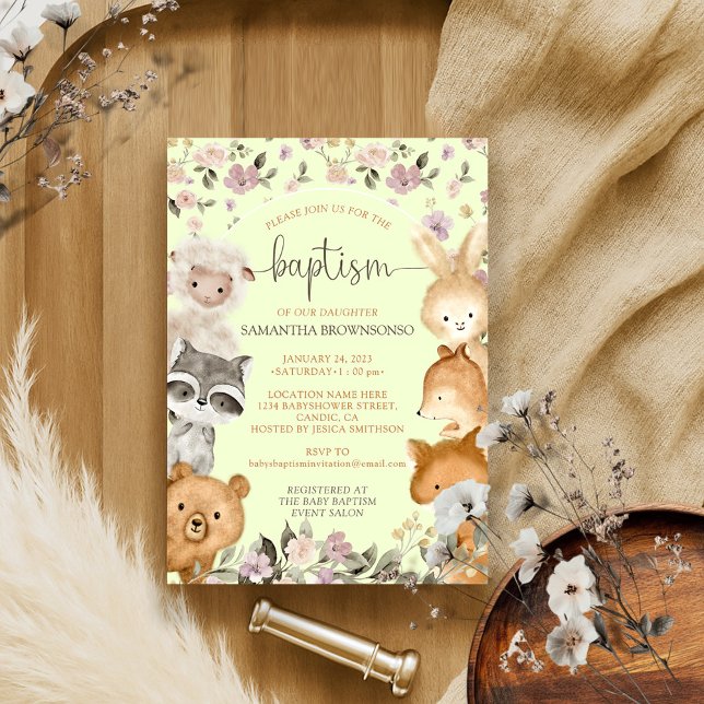 Safari Wild Animal Bear Fox Rabbit Raccoon Baptism Invitation (Creator Uploaded)