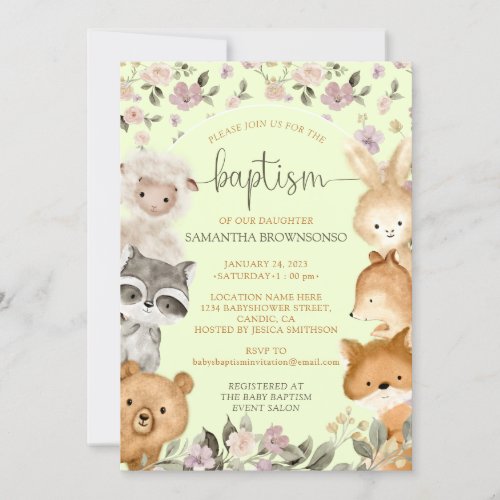 Safari Wild Animal Bear Fox Rabbit Raccoon Baptism Invitation