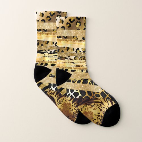 Safari wild animal fur print gold black modern socks