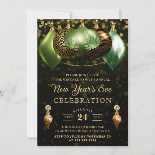 Safari Wild Animal Print Baubles New Years Eve Invitation