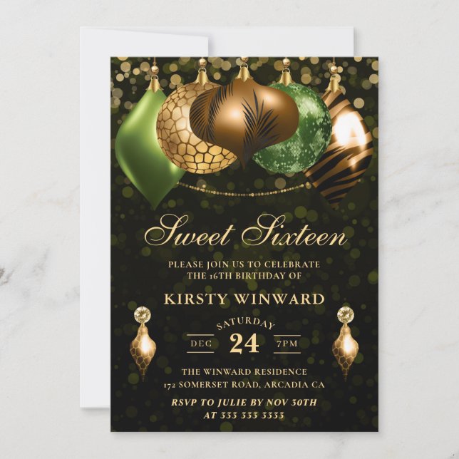 Safari Wild Animal Print Baubles Sweet Sixteen Invitation (Front)