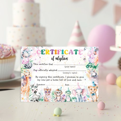 Safari Wild Animals Adoption Certificate Birthday Invitation