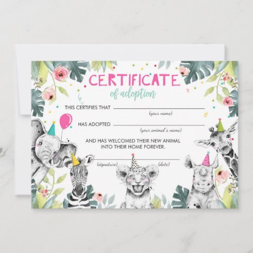 Safari Wild Animals Adoption Certificate Birthday Invitation