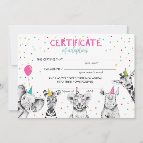 Safari Wild Animals Adoption Certificate Birthday  Invitation