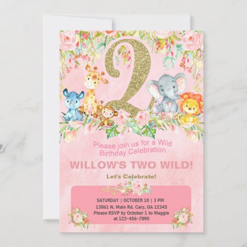 Safari wild animals girl 2nd birthday invite invitation