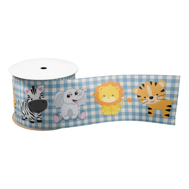 Safari Wild Animals On Gingham Satin Ribbon (Spool)
