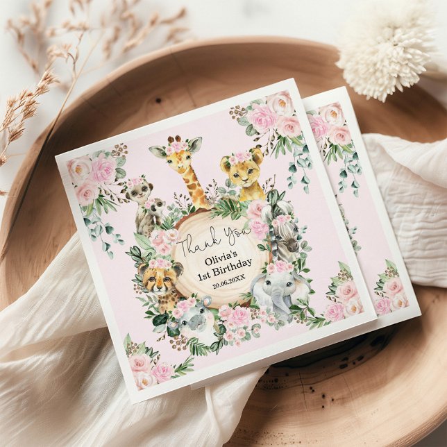 Safari Wild Animals Pink Floral Birthday Favors Napkins (Creator Uploaded)