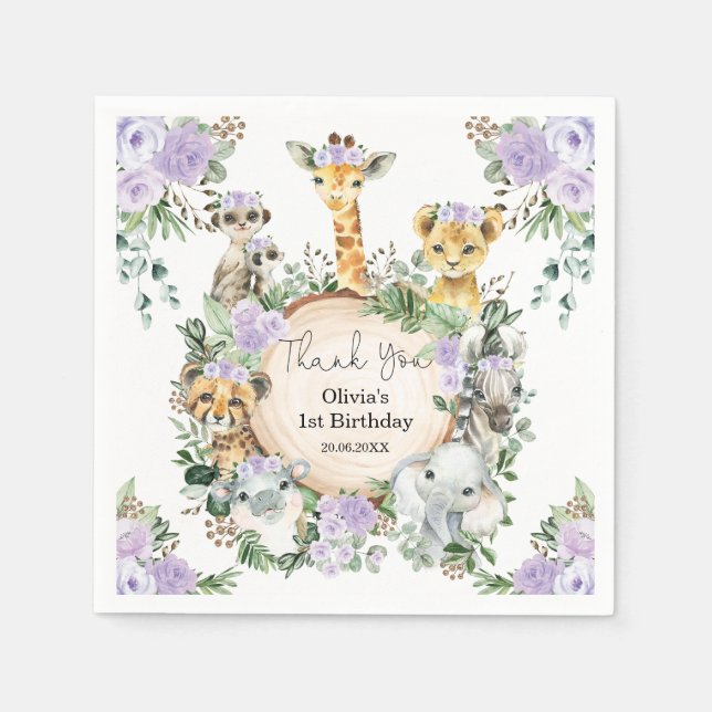 Safari Wild Animals Purple Floral Birthday Favors Napkins (Front)