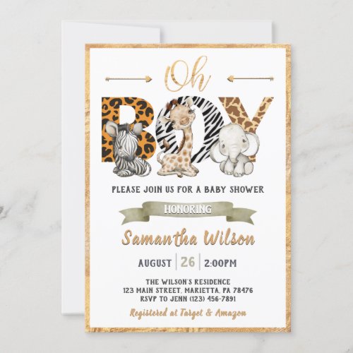 Safari Wild Baby Shower Gold Party Invitation