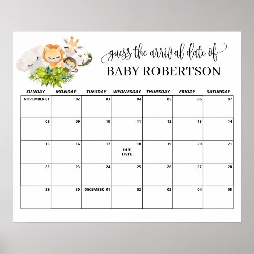 Safari Wild Baby Shower Guess Due Date Calendar Poster