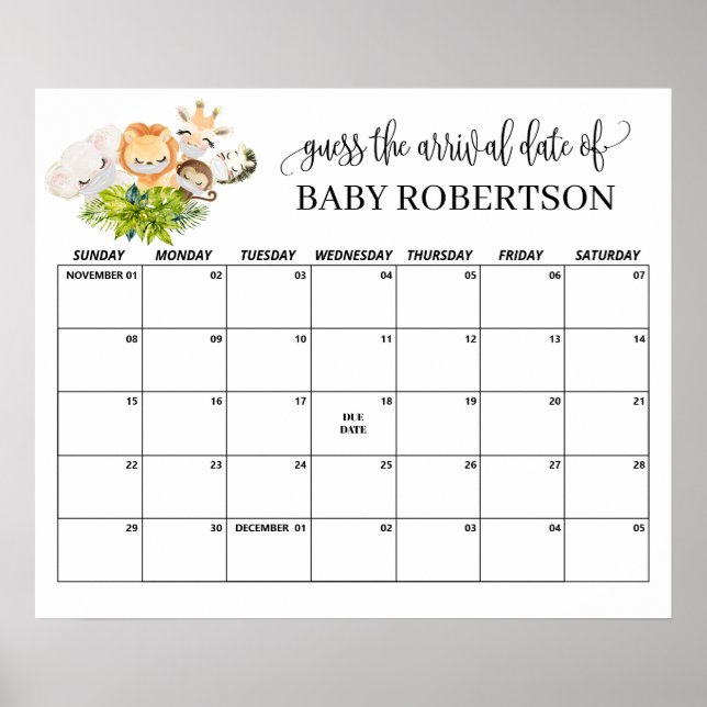 Safari Wild Baby Shower Guess Due Date Calendar Poster (Front)