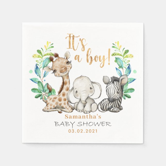 Safari Wild Giraffe Zebra Elephant Baby Shower Napkins (Front)