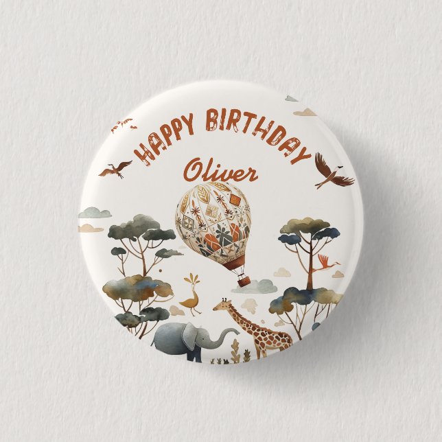 Safari Wild Hot Air Balloon Jungle 1st Birthday  Button (Front)