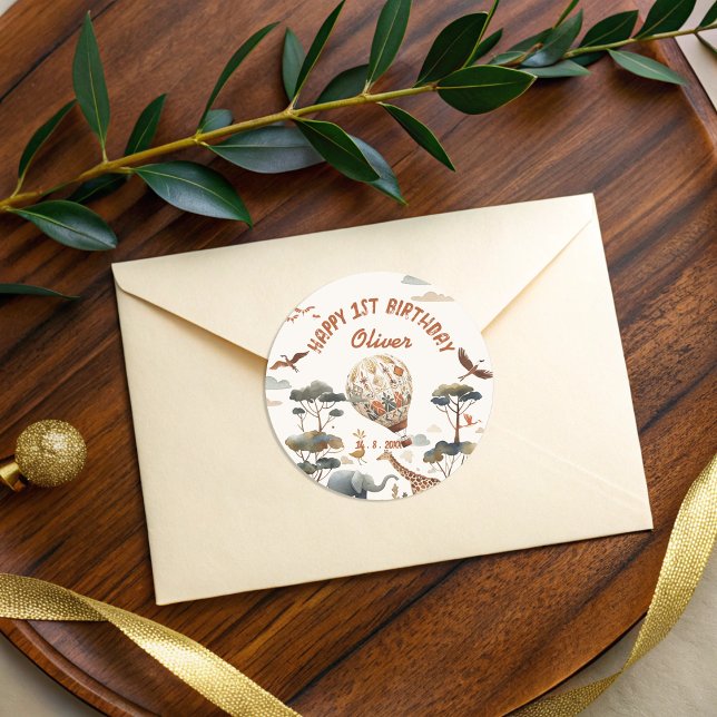 Safari Wild Hot Air Balloon Jungle 1st Birthday  Classic Round Sticker (Creator Uploaded)