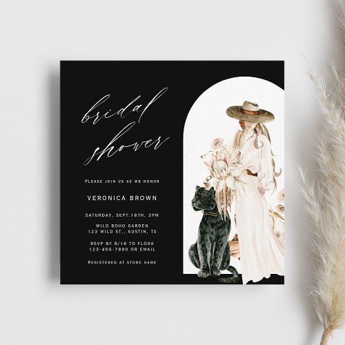 Safari Wild Leopard Boho Lady Bridal Shower Black  Invitation