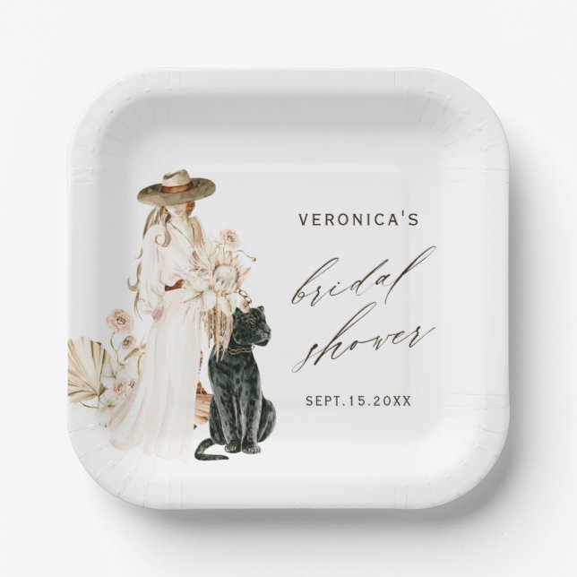 Safari Wild Leopard Boho Lady Bridal Shower Paper Plates (Front)